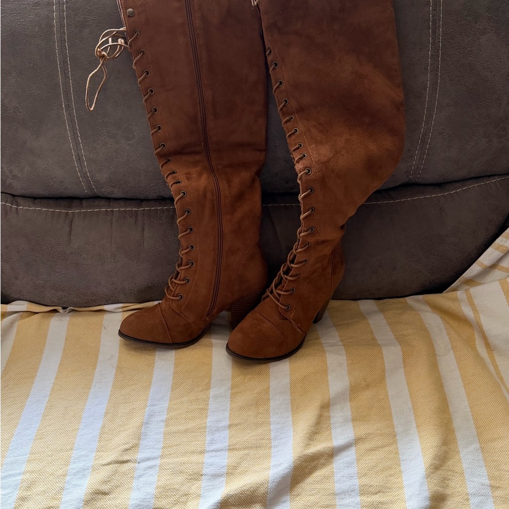 Brown Suede Knee-High Riding Boots - Picture 2 of 3